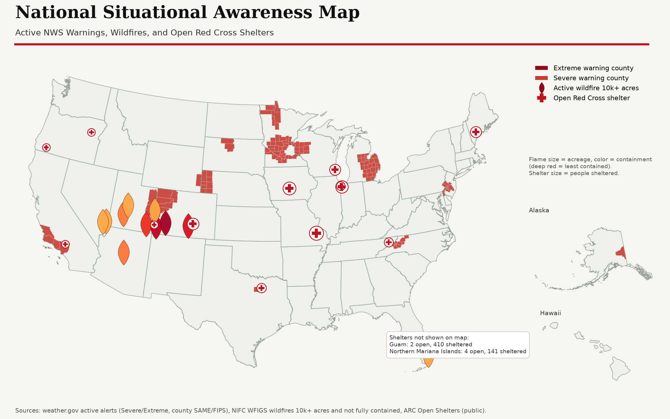 National map of active weather warnings, wildfires, and open Red Cross shelters