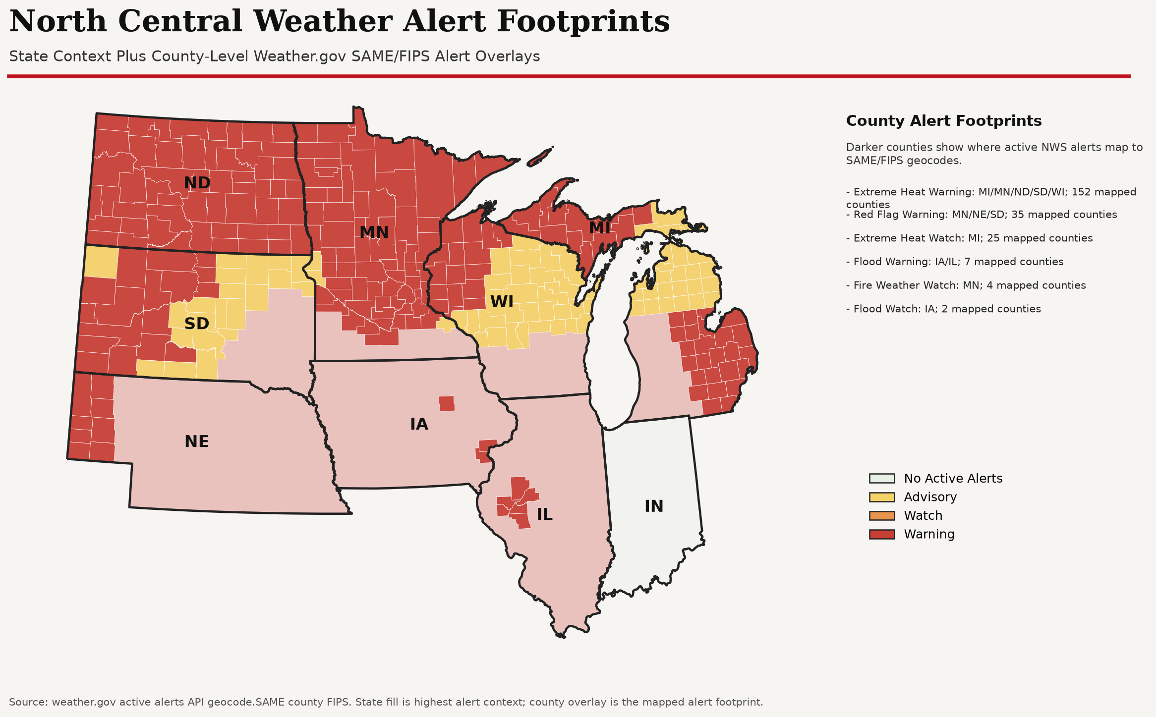 North Central weather alert overview map