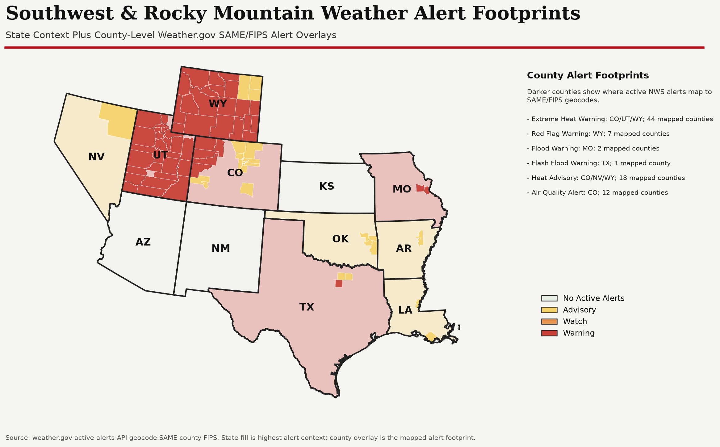Southwest & Rocky Mountain weather alert overview map